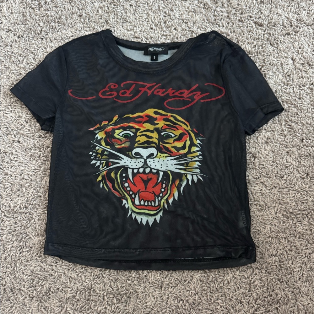 Ed Hardy Black Mesh Short Sleeve Tee with Tiger Graphic